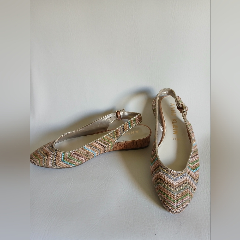Anne Klein Slingback Flats Tan & Multi Colors Woven Coated Fabric Sz8.5M